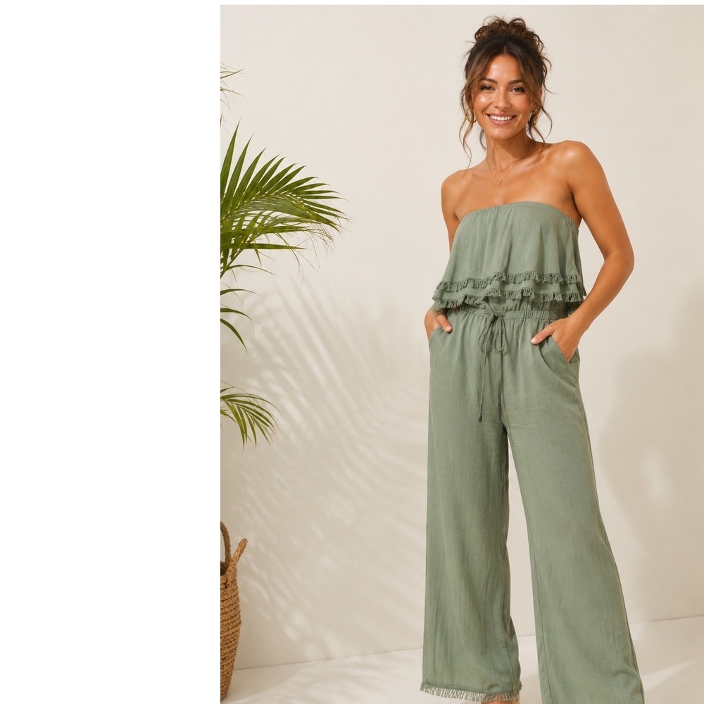 Altar'd State Edan Fringe Trim Jumpsuit Green Strapless Women's Small